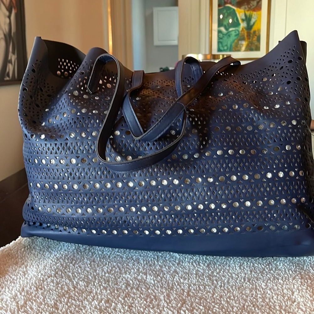 Navy blue leather tote